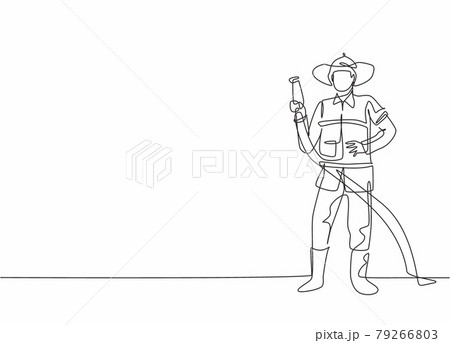 Single one line drawing of young fireman pose standing and holding water nozzle. Professional work profession and occupation minimal concept. Continuous line draw design graphic vector illustration 79266803