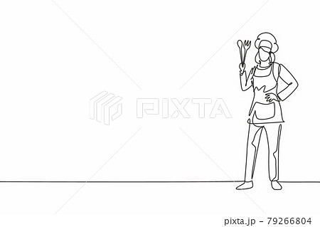 Continuous one line drawing of young beautiful female chef standing with hands on hip. Professional job profession minimalist concept. Single line draw design vector graphic illustration 79266804