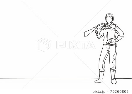 Single one line drawing young female soldier standing and pose with hands on hip. Professional work profession and occupation minimal concept. Continuous line draw design graphic vector illustration Single one line drawing young female soldier standing and pose with hands on hip. Professional work profession and occupation minimal concept. Continuous line draw design graphic vector illustration 79266805