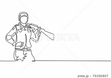 Single one line drawing of young brave female soldier posing with hands on hip. Professional work profession and occupation minimal concept. Continuous line draw design graphic vector illustration 79266807