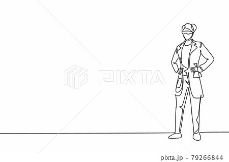 Single continuous line drawing of young female scientist standing and holding hands on hip. Professional work job occupation. Minimalism concept one line draw graphic design vector illustration 79266844