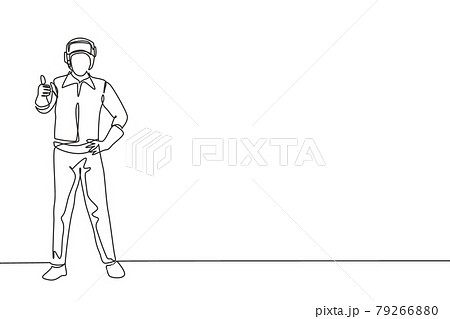 Single continuous line drawing the welder stands with a thumbs-up gesture and the face shield is removed ready to work in his iron workshop. Dynamic one line draw graphic design vector illustration. 79266880