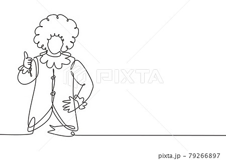 Single continuous line drawing a clown with thumbs-up gesture, wearing a wig and smiling face make-up, entertaining kids at a festive birthday. Dynamic one line draw graphic design vector illustration 79266897