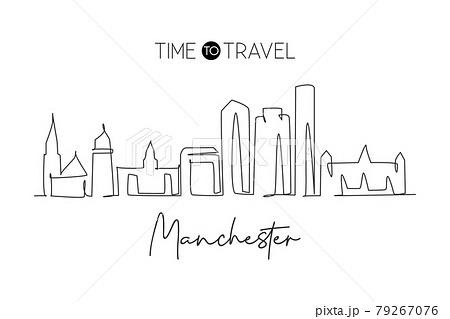 Single continuous line drawing Manchester skyline, New Hampshire. Famous city scraper landscape. World travel home wall decor art poster print concept. Modern one line draw design vector illustration Single continuous line drawing Manchester skyline, New Hampshire. Famous city scraper landscape. World travel home wall decor art poster print concept. Modern one line draw design vector illustration 79267076