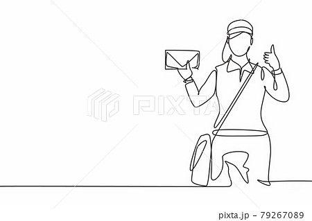 Continuous one line drawing postwoman wearing a hat and uniform with a thumbs-up gesture holds the envelope to work for delivery to homes. Single line draw design vector graphic illustration 79267089