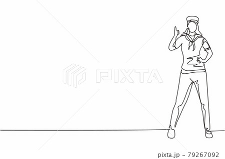 Single one line drawing of sailor woman stands with a thumbs-up gesture to be part of a cruise ship carrying passengers traveling across seas. Continuous line draw design graphic vector illustration Single one line drawing of sailor woman stands with a thumbs-up gesture to be part of a cruise ship carrying passengers traveling across seas. Continuous line draw design graphic vector illustration 79267092