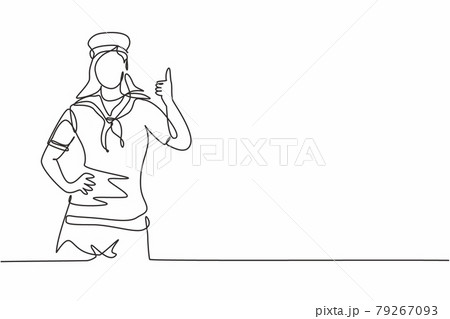 Single one line drawing of sailor woman with a thumbs-up gesture ready to sail across the seas in a ship that is headed by a captain. Modern continuous line draw design graphic vector illustration Single one line drawing of sailor woman with a thumbs-up gesture ready to sail across the seas in a ship that is headed by a captain. Modern continuous line draw design graphic vector illustration 79267093