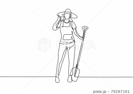 Single one line drawing of female farmer stood with a thumbs-up gesture, wearing a straw hat and carrying a shovel to plant crops on farmland. Continuous line draw design graphic vector illustration. Single one line drawing of female farmer stood with a thumbs-up gesture, wearing a straw hat and carrying a shovel to plant crops on farmland. Continuous line draw design graphic vector illustration. 79267101