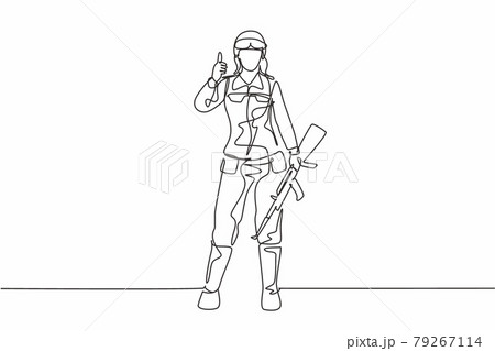 Single continuous line drawing woman soldiers stand with weapons, uniforms, thumbs-up gestures serving the country with strength of military forces. One line draw graphic design vector illustration Single continuous line drawing woman soldiers stand with weapons, uniforms, thumbs-up gestures serving the country with strength of military forces. One line draw graphic design vector illustration 79267114