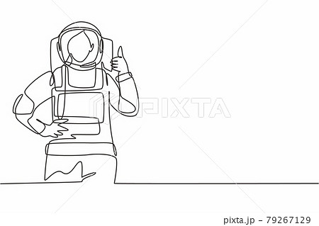 Single one line drawing of female astronauts with a thumbs-up gesture wearing spacesuits to explore space in search the mysteries of universe. Continuous line draw design graphic vector illustration 79267129