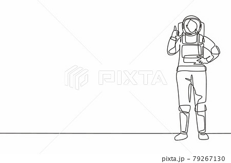 Single continuous line drawing female astronaut stands with thumbs-up gesture wearing space suit exploring earth, moon, other planets in the universe. One line draw graphic design vector illustration 79267130