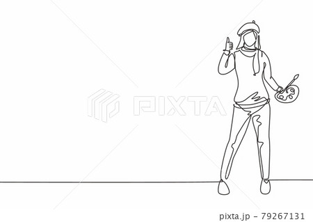 Single continuous line drawing woman painter stands with a thumbs-up gesture using a hat and painting tools to produce artwork in her workshop studio. One line draw graphic design vector illustration Single continuous line drawing woman painter stands with a thumbs-up gesture using a hat and painting tools to produce artwork in her workshop studio. One line draw graphic design vector illustration 79267131