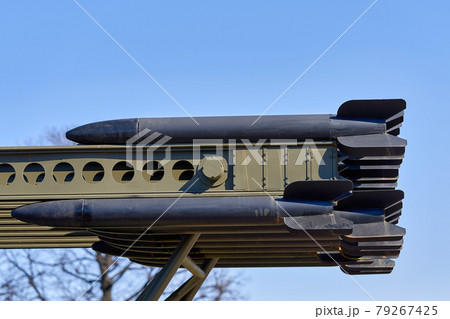 Fragment of the Katyusha rocket artelerik complex against the sky 79267425