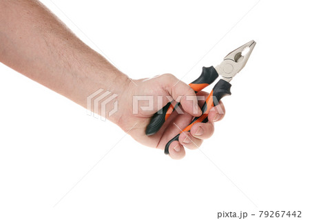 Hand holds pliers on a white background, a template for designers Hand holds pliers on a white background, a template for designers 79267442