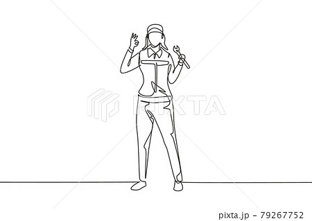 Single continuous line drawing female mechanic stands up with gesture okay and holding wrench to perform maintenance on vehicle engine. Success work. One line draw graphic design vector illustration 79267752