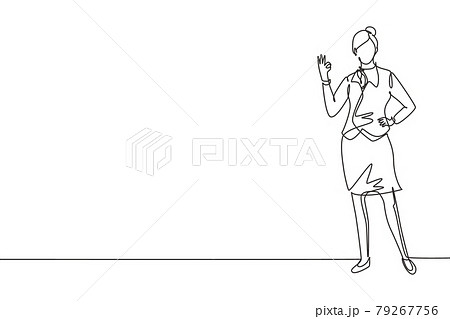 Single one line drawing flight attendant stands in a uniform with gesture okay prepare at the airport with the crew flying to their destination. Continuous line draw design graphic vector illustration Single one line drawing flight attendant stands in a uniform with gesture okay prepare at the airport with the crew flying to their destination. Continuous line draw design graphic vector illustration 79267756