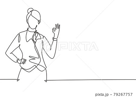 Single one line drawing flight attendant with gesture okay ready to serve airplane passengers in a friendly and warm manner. Professional work. Continuous line draw design graphic vector illustration Single one line drawing flight attendant with gesture okay ready to serve airplane passengers in a friendly and warm manner. Professional work. Continuous line draw design graphic vector illustration 79267757