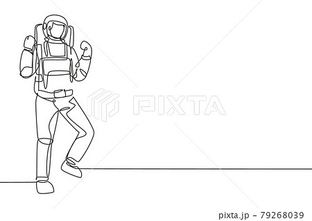 Single continuous line drawing astronaut stands with celebrate gesture wearing space suit exploring earth, moon, other planets in the universe. Dynamic one line draw graphic design vector illustration 79268039