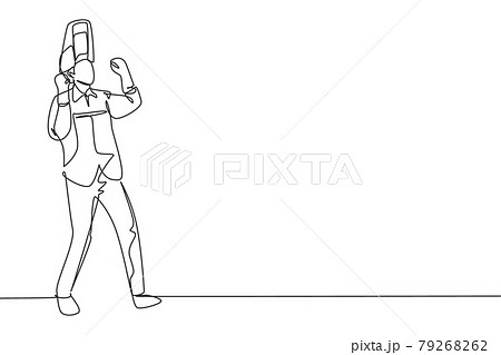 Continuous one line drawing welder stands with celebrate gesture and face shield is removed ready to work in his iron workshop. Successful business. Single line draw design vector graphic illustration 79268262
