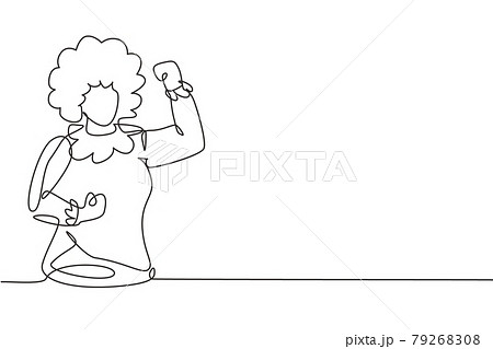 Single continuous line drawing female clown with celebrate gesture, wearing wig and smiling face makeup, entertaining kids at birthday party. Dynamic one line draw graphic design vector illustration 79268308