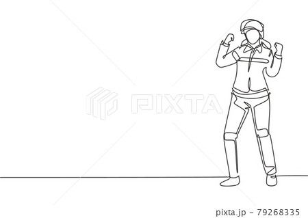 Single continuous line drawing female firefighter stood with celebrate gesture, wearing helmet and uniform work to extinguish fire at building. Dynamic one line draw graphic design vector illustration 79268335