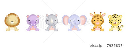 Cute sitting baby animals in cartoon style. Collection african animals characters for kids cards, baby shower, birthday invitation, house interior. Bright colored childish vector illustration. 79268374