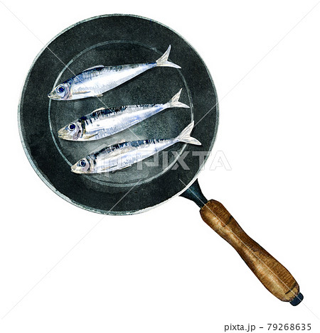 Watercolor sardine fish on pan 79268635