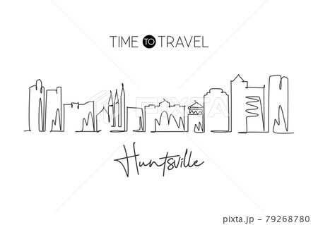 Single continuous line drawing of Huntsville skyline, Alabama. Famous city scraper landscape. World travel home wall decor art poster print concept. Modern one line draw design vector illustration Single continuous line drawing of Huntsville skyline, Alabama. Famous city scraper landscape. World travel home wall decor art poster print concept. Modern one line draw design vector illustration 79268780