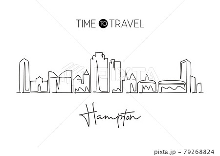 Single continuous line drawing of Hampton skyline, Virginia. Famous city scraper landscape. World travel home wall decor art poster print concept. Modern one line draw design vector illustration Single continuous line drawing of Hampton skyline, Virginia. Famous city scraper landscape. World travel home wall decor art poster print concept. Modern one line draw design vector illustration 79268824