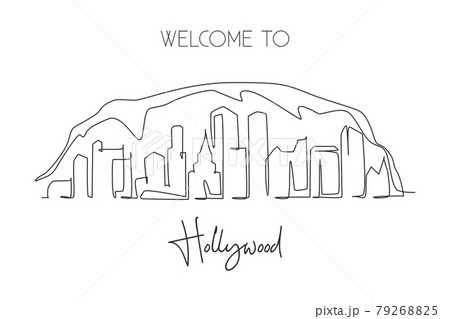 One continuous line drawing of Hollywood city skyline, Los Angeles. Beautiful landmark. World landscape tourism travel home wall decor poster print. Stylish single line draw design vector illustration One continuous line drawing of Hollywood city skyline, Los Angeles. Beautiful landmark. World landscape tourism travel home wall decor poster print. Stylish single line draw design vector illustration 79268825