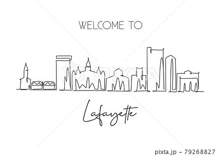 One continuous line drawing of Lafayette city skyline, Louisiana. Beautiful landmark. World landscape tourism travel home wall decor poster print. Stylish single line draw design vector illustration One continuous line drawing of Lafayette city skyline, Louisiana. Beautiful landmark. World landscape tourism travel home wall decor poster print. Stylish single line draw design vector illustration 79268827