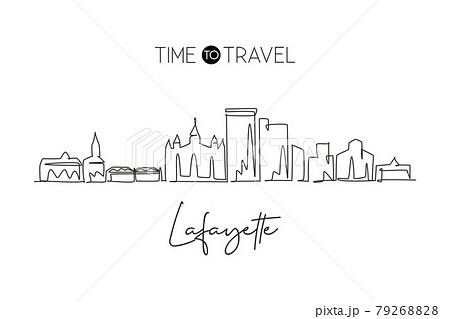 Single continuous line drawing of Lafayette skyline, Louisiana. Famous city scraper landscape. World travel home wall decor art poster print concept. Modern one line draw design vector illustration Single continuous line drawing of Lafayette skyline, Louisiana. Famous city scraper landscape. World travel home wall decor art poster print concept. Modern one line draw design vector illustration 79268828
