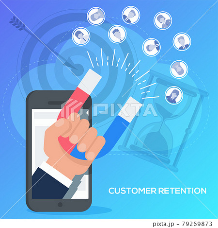 Attracting potential customers. Man with huge magnet Attracting potential customers. Man with huge magnet 79269873