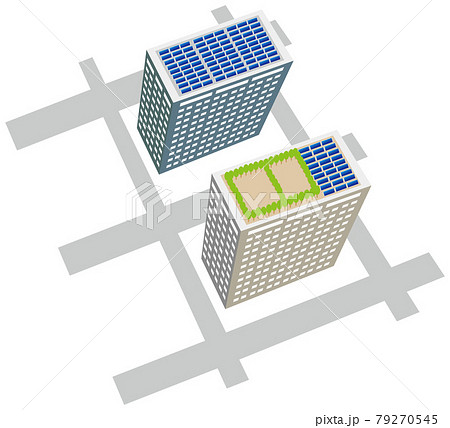 ビル屋上緑化とソーラーパネルのイラスト素材