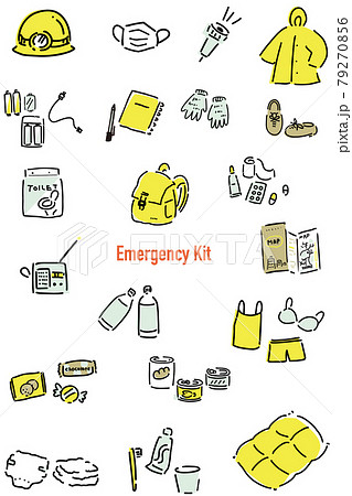 ゆるい手書きの線で描いた防災時 避難道具セット カラー のイラスト素材