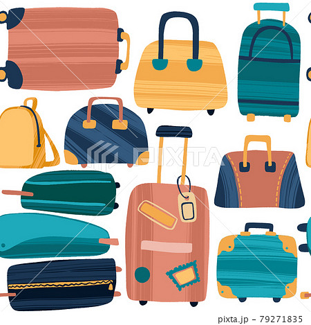 Colorful trendy flat style hand drawn suitcases, travel bags and backpacks. Colorful trendy flat style hand drawn suitcases, travel bags and backpacks. 79271835