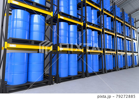 Blue barrels in the warehouse, Storage stock, Chemical warehouse. 79272885
