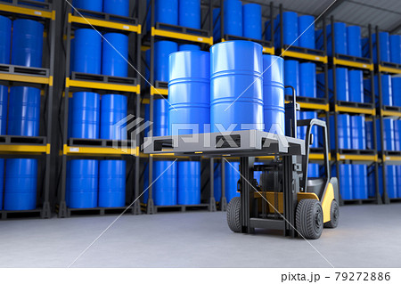 The forklift is lifting an oil tank in a warehouse The forklift is lifting an oil tank in a warehouse 79272886