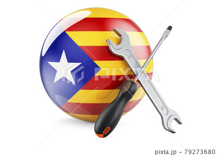 Service and repair in Catalonia concept. Screwdriver and wrench with Catalan flag, 3D rendering 79273680