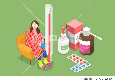 3D Isometric Flat Vector Conceptual Illustration of Sad Sick Woman Having a Cold 79273842