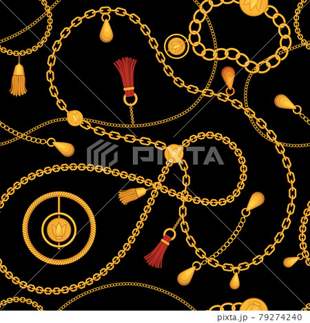 Golden chains seamless pattern. Print with chain belt, gold necklace, jewel bracelet with pendant and tassel. Luxury fashion vector ornament 79274240