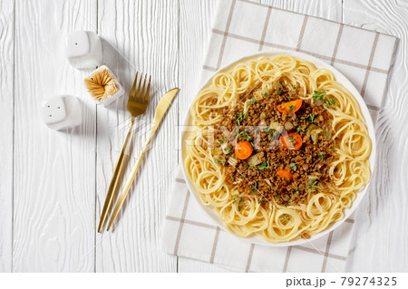 tasty pasta topped with ground beef ragout stew 79274325