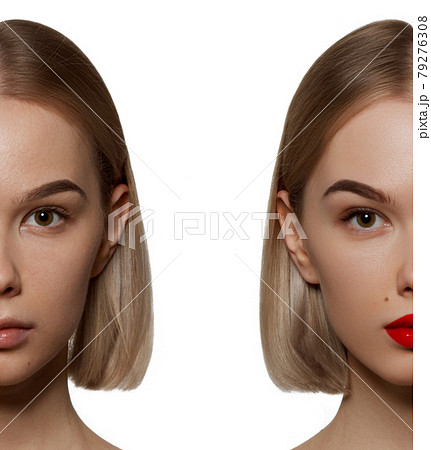 Beautiful young woman before and after makeup applying . Comparison portrait . Two parts of model face with and without makeup. Two parts of face , with bright make up and natural 79276308