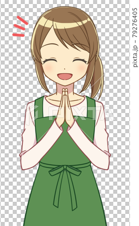 A woman in an apron rejoicing with her hands together 79276405