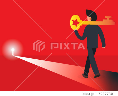 Businessman Carry Heavy Huge Gold Key  to Unlock Keyhole.Leadership, Career Growth, Business Task Solution, Motivation, Solving Problem Concept. 79277301