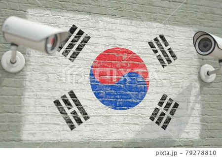 Wall with national flag of South Korea and CCTV cameras. Privacy or surveillance system related conceptual 3D rendering Wall with national flag of South Korea and CCTV cameras. Privacy or surveillance system related conceptual 3D rendering 79278810