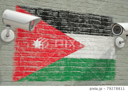 Wall with national flag of Jordan and CCTV cameras. Privacy or surveillance system related conceptual 3D rendering Wall with national flag of Jordan and CCTV cameras. Privacy or surveillance system related conceptual 3D rendering 79278811