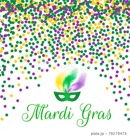 Mardi Gras carnival vector background with green, purple and yellow confetti. Easy to edit design template for your projects. 79279473