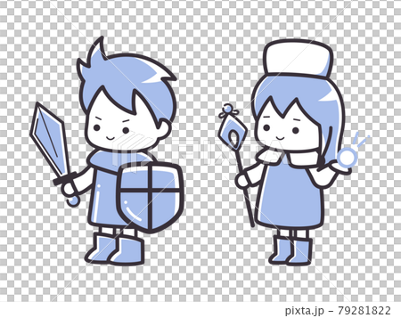 シンプルな線の勇者とヒーラーのイラスト_ゲーム_RPG 79281822