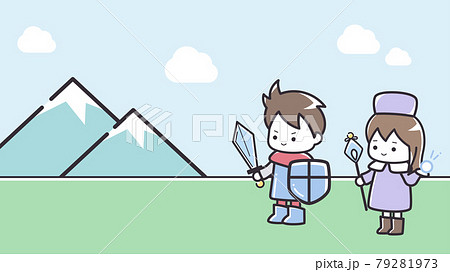 シンプルな線の勇者とヒーラーのイラスト_ゲーム_RPG_16:9 79281973